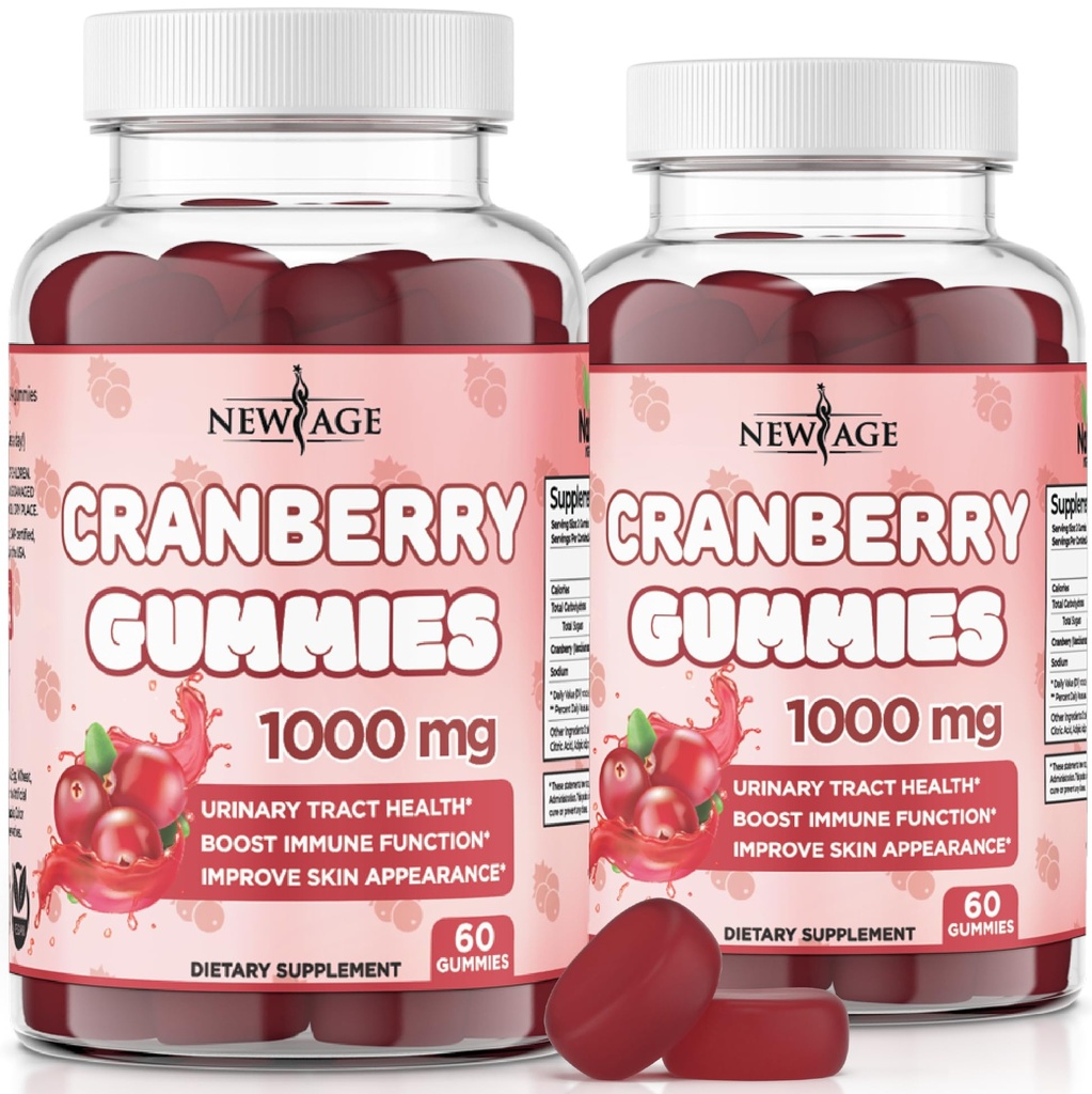 NEW AGE Karpalo Gummies Virtsateiden terveys Gumies 1000mg - Tukee rakko, munuaiset, UTI - kasvissyöjä (Cranberry 120 Count)