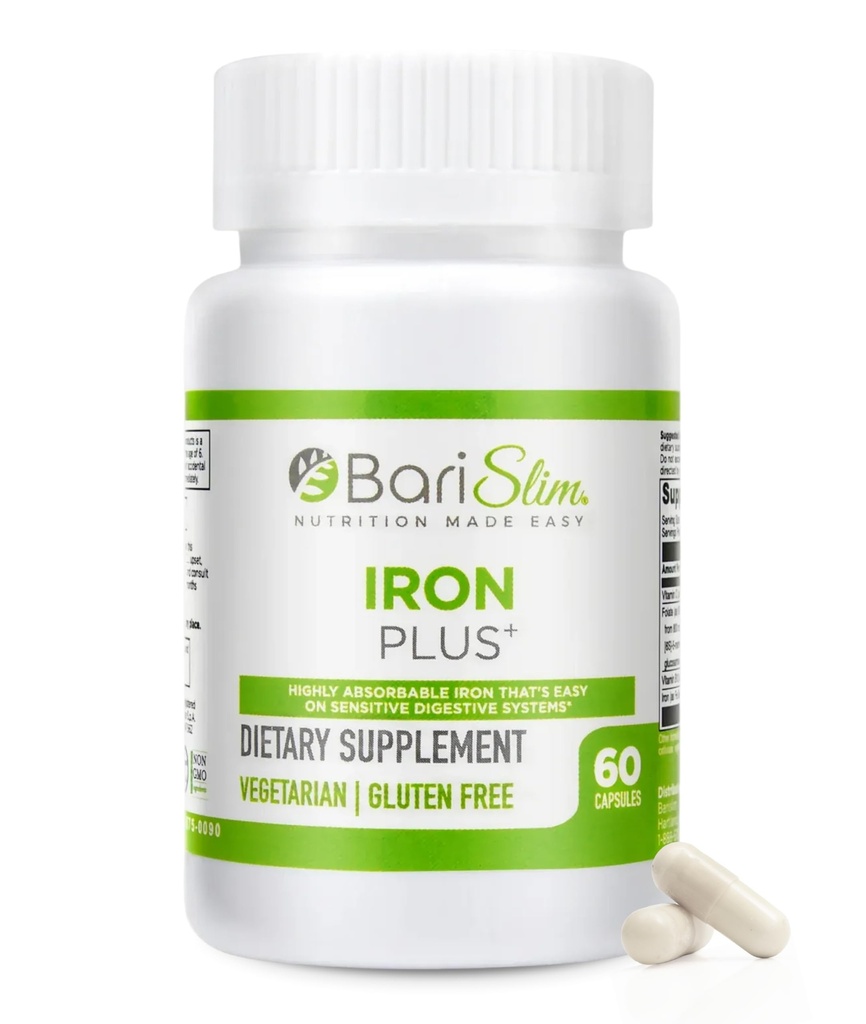 BariSlim Iron Plus kapslar - Formulerad för patienter efter viktminskning kirurgi inklusive gastric bypass & gastric Sleeve - Enkel matsmältning och omfattande hälsostöd | 2 månaders leverans (60 portioner)