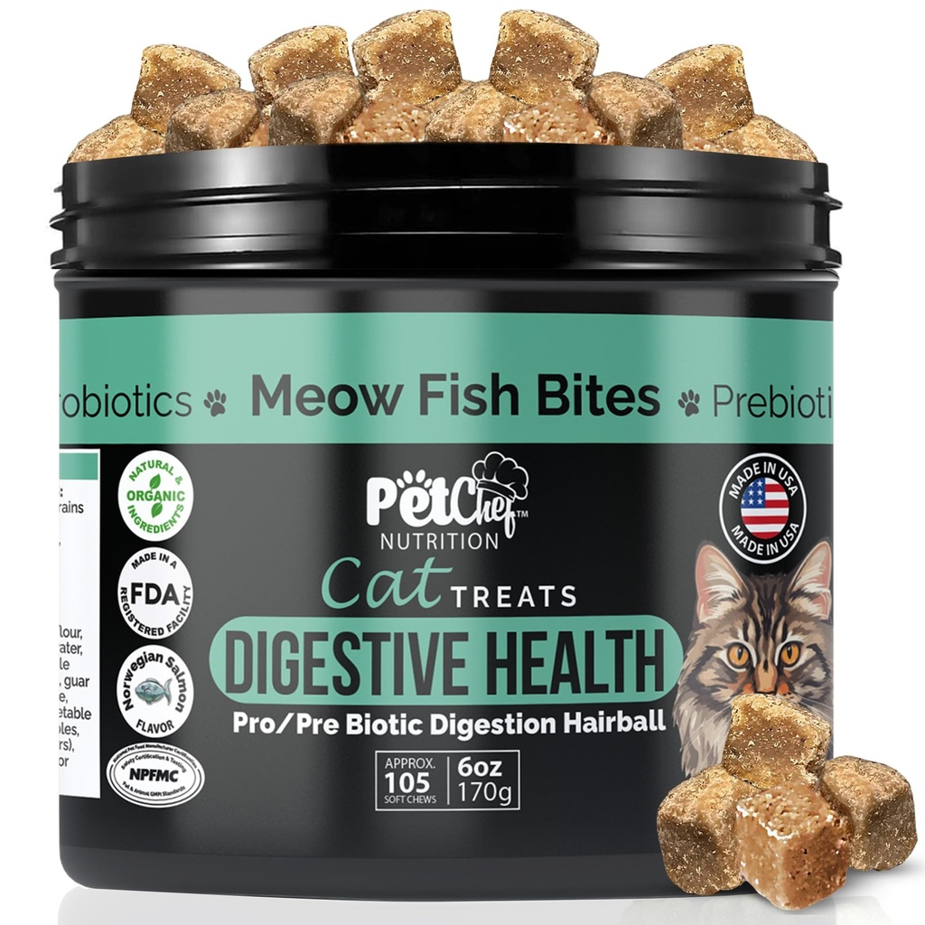 Pet Chef Meow Bites: Premium Pro & Prebiotic Digestion Cat Treats - Förbättra Digestion - Bättre tan Fortiflora Probiotika för katter - Stops Cat Vomiting All Ages