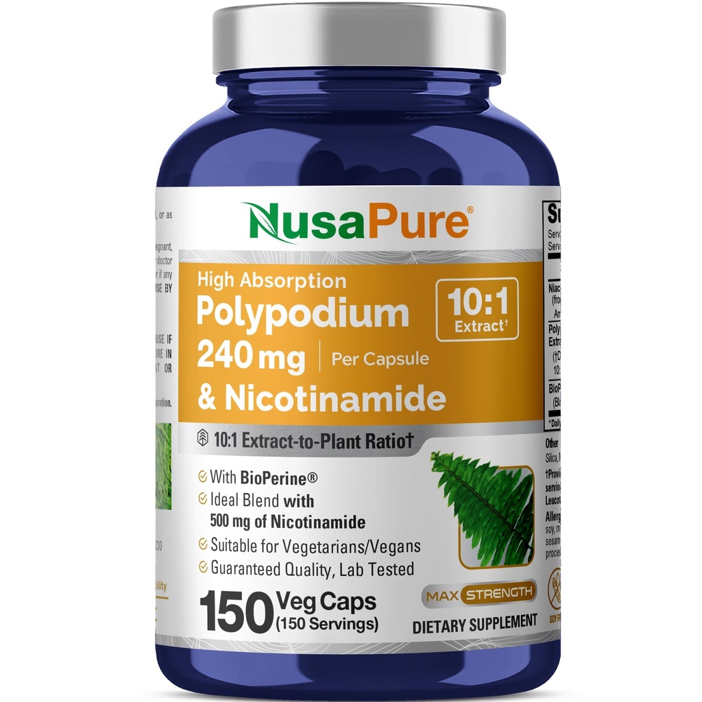 NusaPure Polypodium Nikotinamidi 10:1 Uute, 240 mg vastaten 2 400 mg / Veg Caps - 150 Count (Non-GMO, Soyfree, Bioperine)
