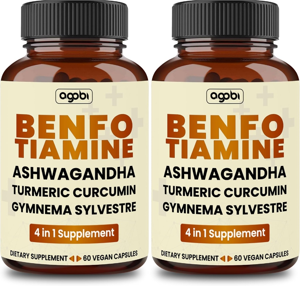 Benfotiamiini 600 mg täydennysosa - 2 kuukautta Ruoansulatuselimistön, energian tuotanto ja immuuni - Blended Turmeric Curcumin Root, Ashwagandha Root & Organic Gymnema Sylvestre - 2 pakkausta 60 kapselia