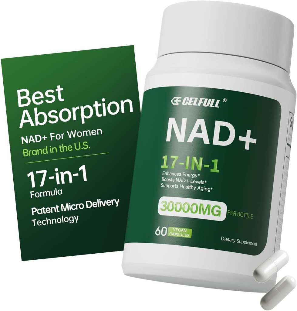 CELFULL NAD Supplement for Women NMN Alternative Resveratrol,Nikotinamidi Ribosidi,Quercetin- NAD+ Ikääntymisenestokennojen &Stamina-30000 mg/Bottle