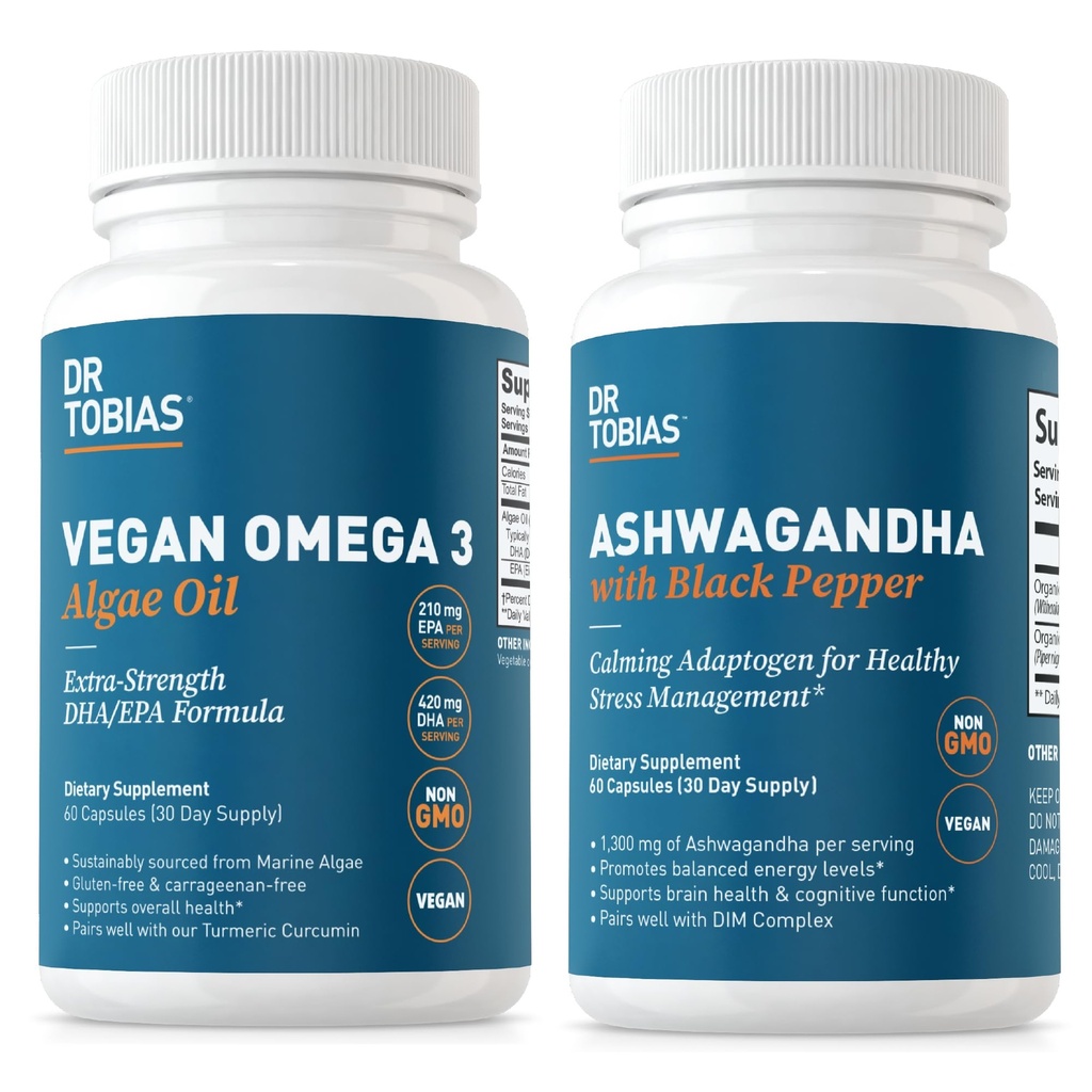 Tobias Vegan Omega 3 Algae Oil ja Ashwagandha kapselit, tukee resilience, Immuno Health, ja yleinen hyvinvointi, ei-GMO, Vegan