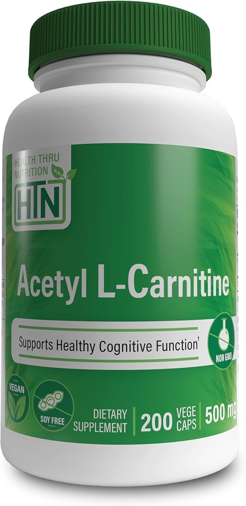 Health Thru Nutrition Acetyl L-Carnitine 500mg 200 kapslar | Stöder kognition och mental funktion | Memory & Attention | Non-GMO, 3rd Party Tested, Hypoallergenic, Gluten Free, Soy Free, Vegan