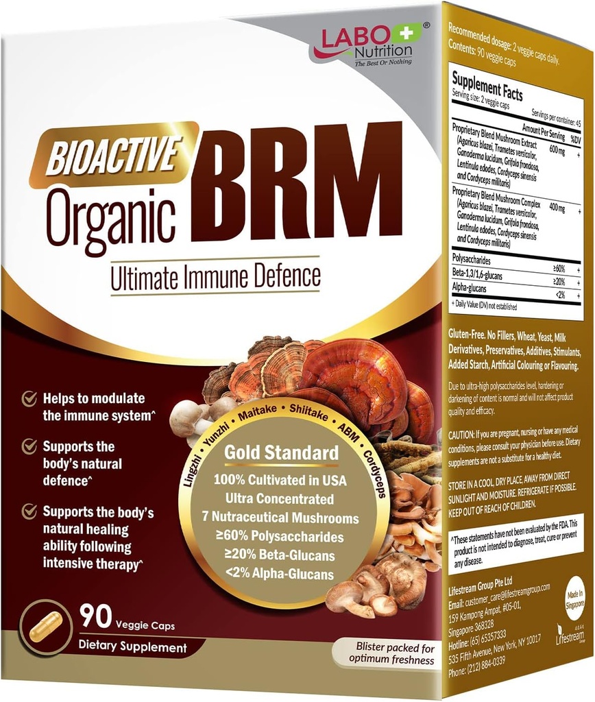 LABO Nutrition Bioactive Organic BRM - Advanced Immune Support & Young Natural Killer Cell Activity; 6 Therapy Mushrooms Lingzhi, Yunzhi, Maitake, Shiitake, Agaricus Blazei Murill & Cordyceps