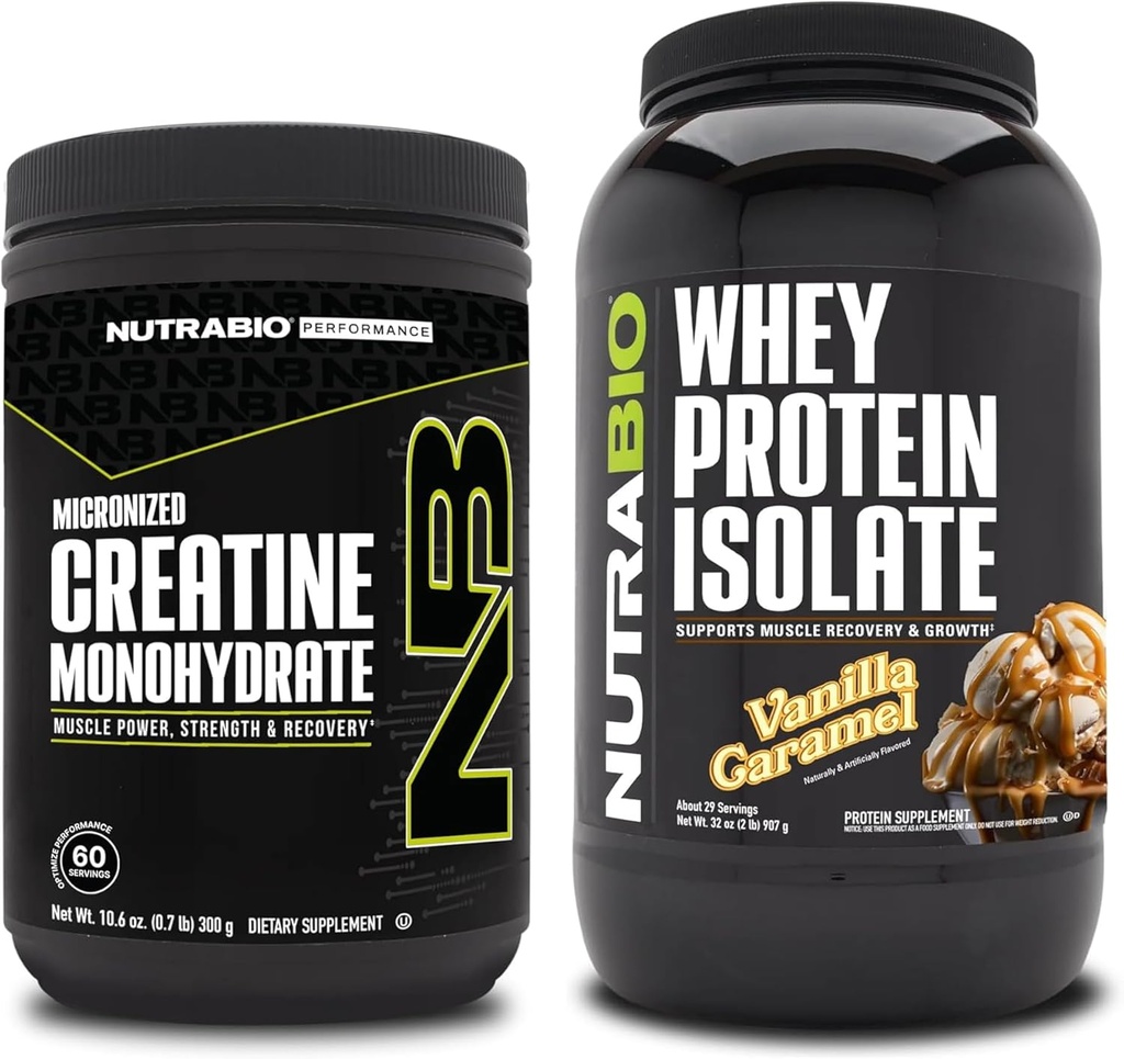 NutraBio Creatiini Monohydraatti, Mautonta, 300g ja Whey Protein Isolate, Vanilla Caramel, täydennysosa Bundle - Lihasenergia, Lean lihasten kasvu, elpyminen, ja vahvuus