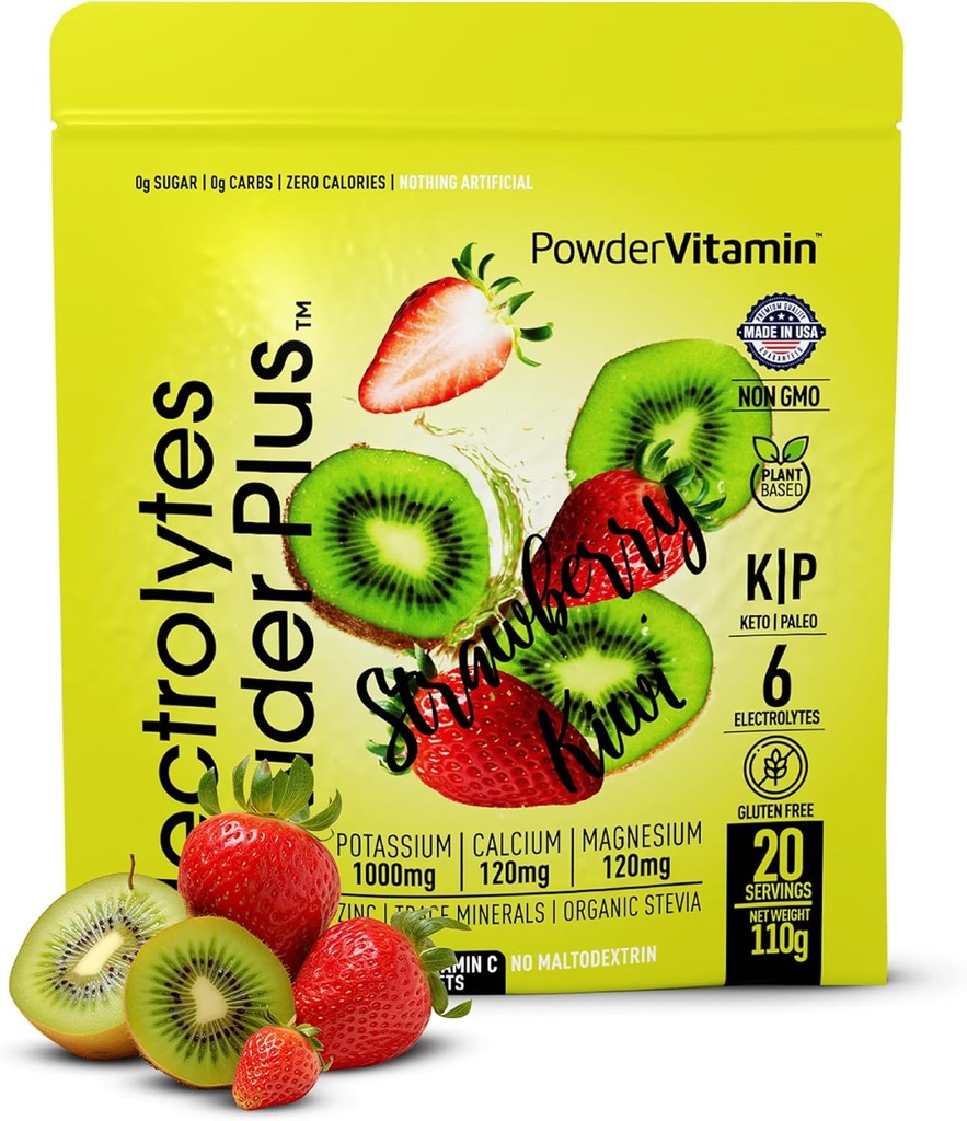 PowderVitamin Elektrolytes Powder Plus (20 tarjoilua) Mansikka Kiivit Elektrolyytti Powder Zero Calorie Keto,0 Sokeri,No Maltodekstriini,1000 mg Kalium,120 mg Kalsium,120 mg Magnesium, vaaleanpunainen Himalajan suola