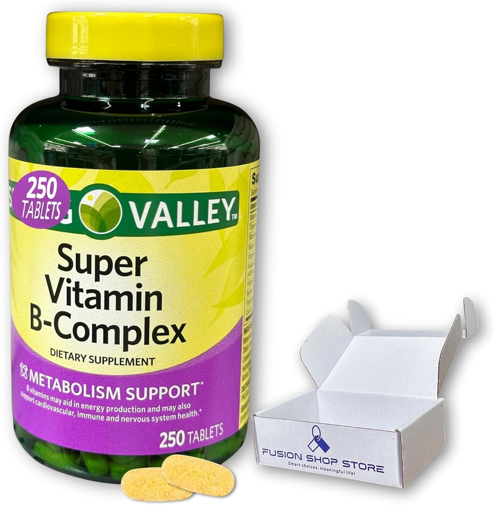 Super B-vitamiini Complex Spring Valley - Tabletit 250 Count B6 B12 C tiamine biotinafolaattipanoteenihappo ja riboflaviini, koteloitu Fusion Shop Storessa