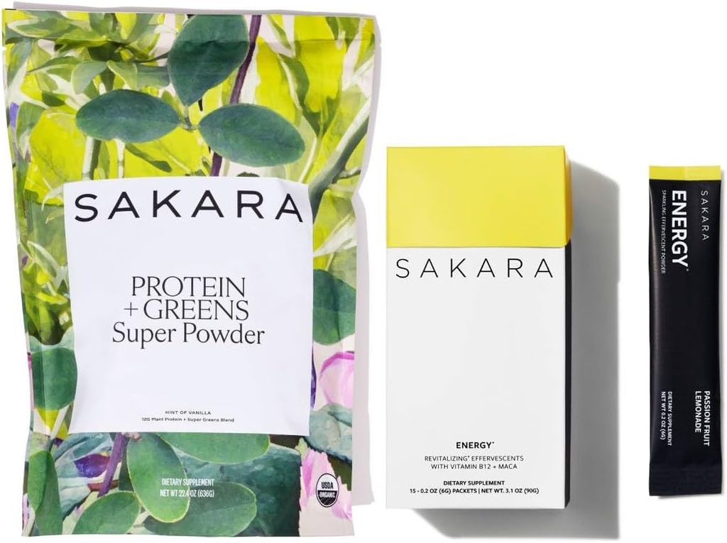 SAKARA Protein + Greens Super Powder & Energy Effervescent - Organic Protein Powder & Greens Powder, Puhdistettu sokeriton Elektrolyyttijauhe