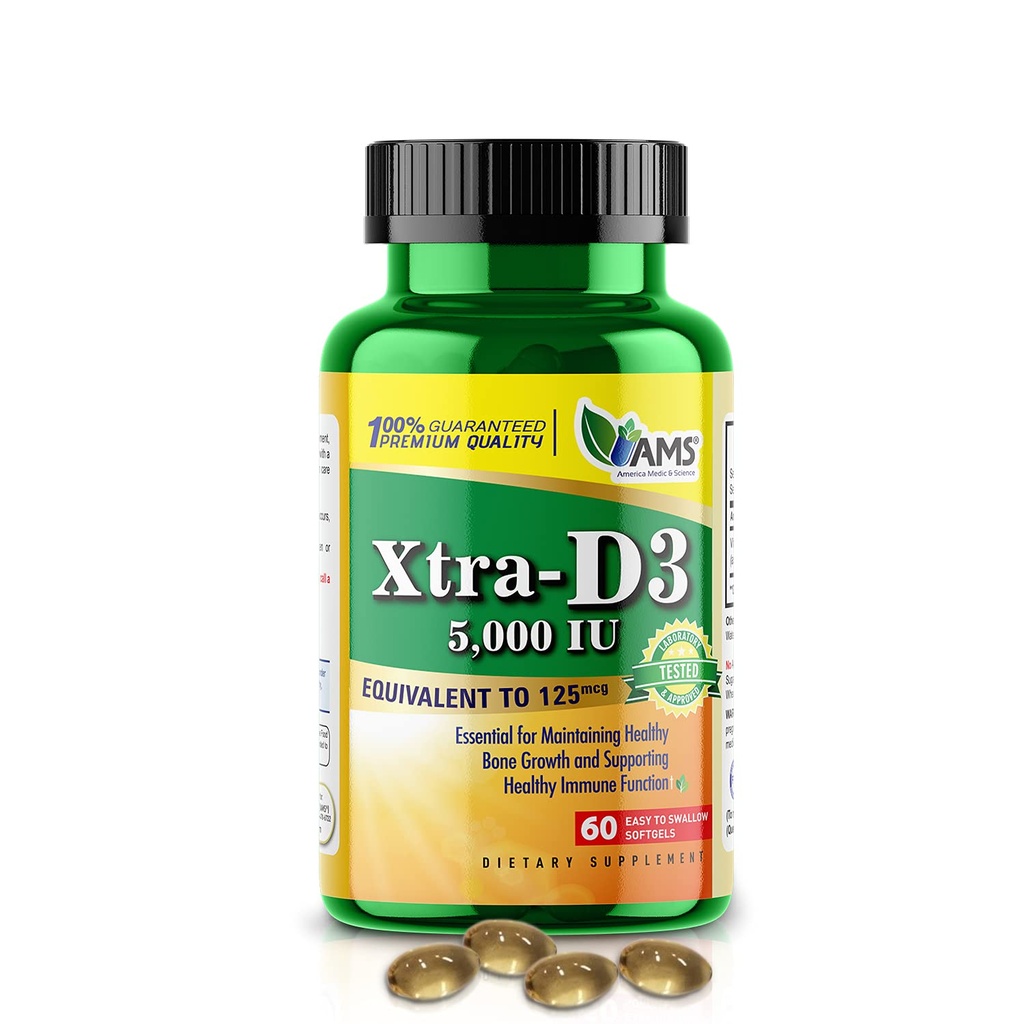Amerika Medic & Science Xtra D3 Vitamin D 5 000 IE (125 mcg) Kolecalciferol Supplement för Män & Kvinnor (60 Lätt att Svälja Softgels) Bäst för ben, hjärthälsa, immunsystemsupport, Lung Function