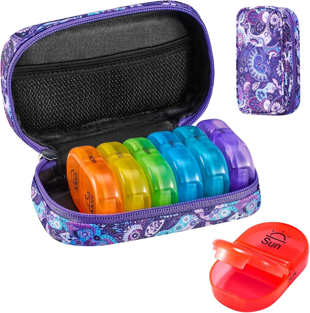 Serfeymi Viikolla matka pillereitä Järjestäjä 2 Kertaa päivässä Päivitetty Sateenkaari pillerilaatikko 7 Päivä Portable Zipper Canvas pilleri Case, Lääketiede Organizer pillereitä, Vitamiinit, Kalaöljyjä - Purppura 01