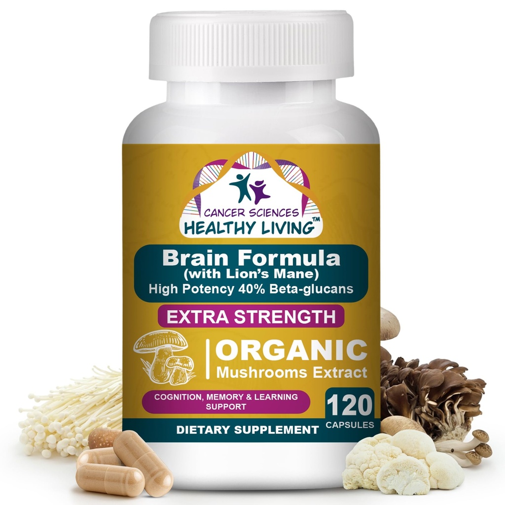 Cancer Sciences Brain lisäravinteet muistia ja keskittyä - 1500mg Brain Health Mushroom täydentää aikuisille ja senioreille - High Potency 40% Beta-Glucans immuuni tuki & vitamiinit, 120 kapselia
