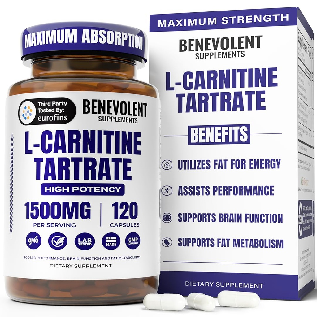 Benevolent L Carnitine Supplement - High Potency 1500 mg L-Carnitine Tartrate - Nopea absorbointi, muuntaa rasvaa energiaksi, tuki Lean Muscle, Tehostaa harjoittelua Suorituskyky & aineenvaihdunta ... 120 Vegan Kapselit