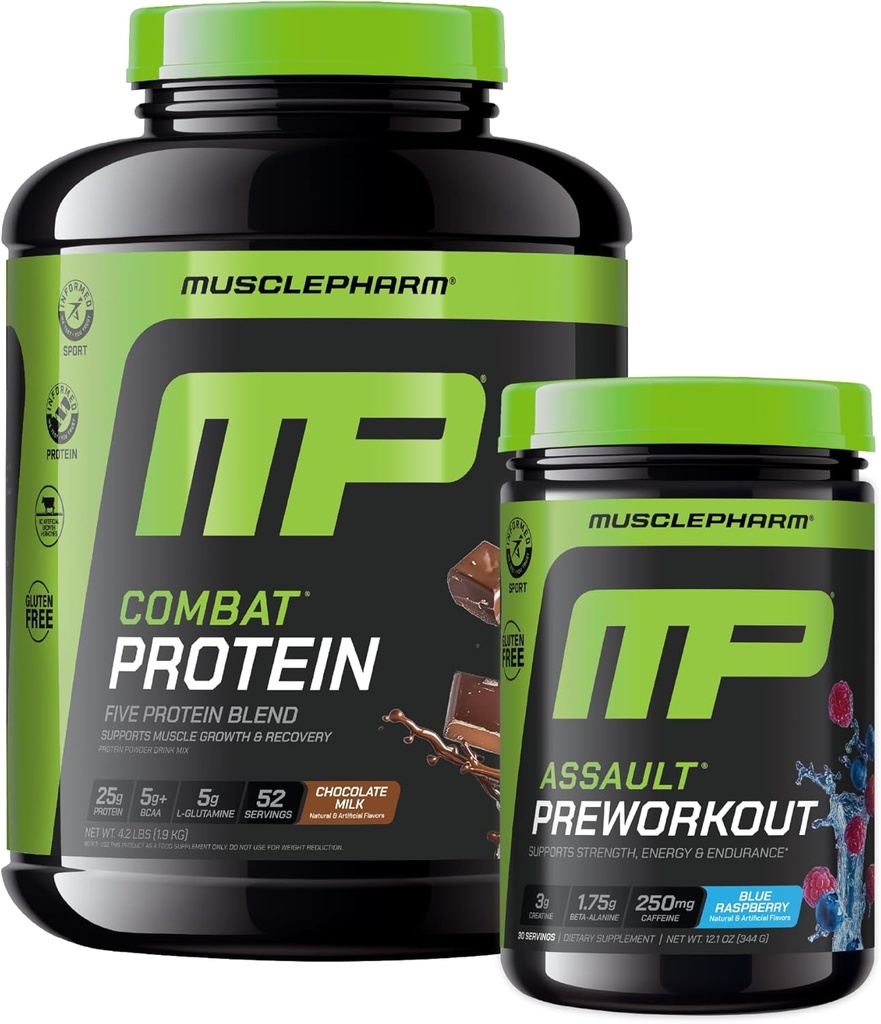 Lihas Pharm Combat 4lb suklaa proteiini ja lihasPharm hyökkäys Sininen vadelma Pre-Workout