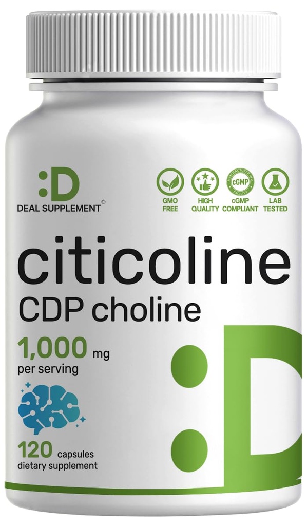 Citicoline CDP-kolin, 1000mg per portion, 120 kapslar - extra styrka kolintillskott - Nootrop B-vitaminegenskaper - främjar hjärnhälsa, minne och fokus - Icke-GMO