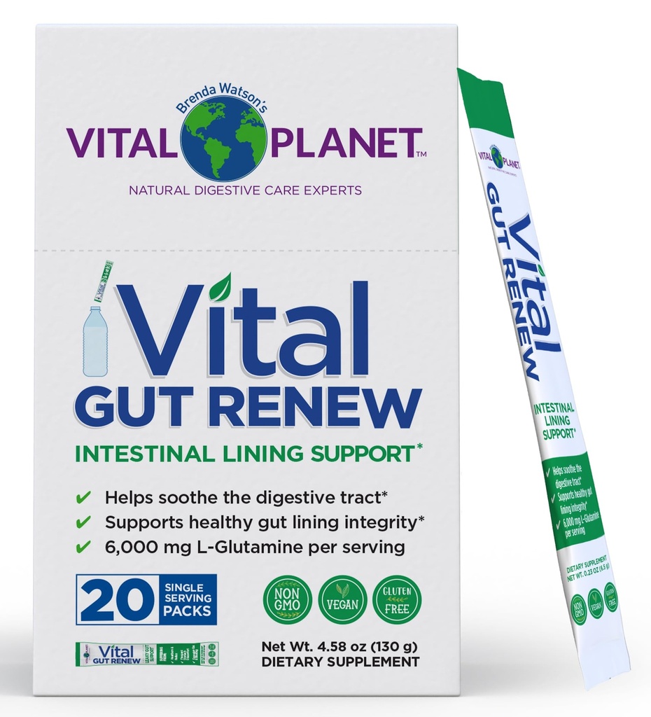 Elinvoima planeetta - Vital Gut Renew Powder Supplement for Leaky Gut Repair L-glutamine, Marshmallow ja inkivääri juuri, DGL Licorice Root ja Organic Aloe Vera, L Glutamiini 6000 mg, 20 Single Serve Packs