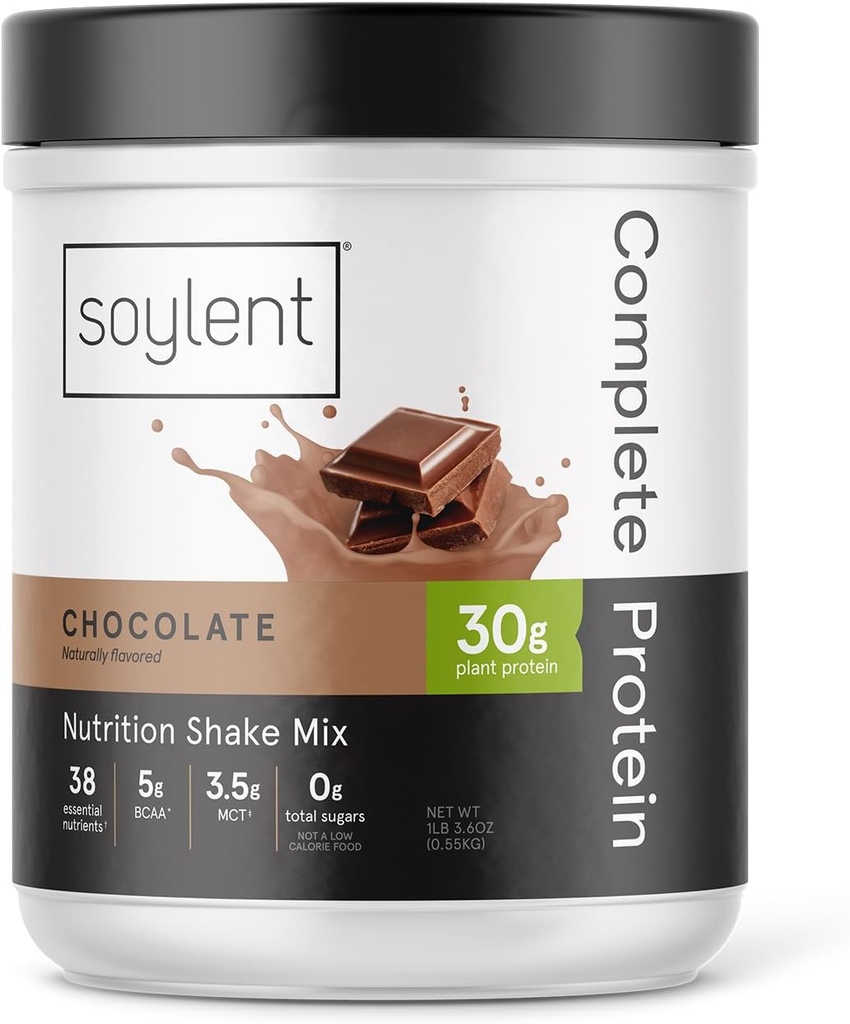 Soylent Complete Protein Powder, Chocolate, 30g Protein Shake for Muscle Growth and Recovery, BCAAs, DHA, MCT, 28 Vitamiinia & Minerals, Zero Sugar, Gluteeniton, Vegan - 1.25lb