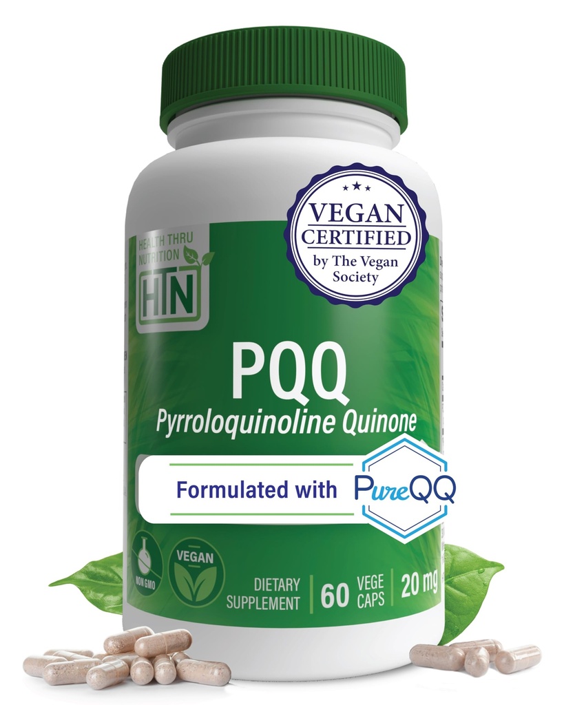 Health Thru Nutrition PQQ 20mg 60 Servings Pyrroloquinoline Quinone som PureQQ | Främjar Mitochondrial Biogenesis | Certified Vegan | Non-GMO Gluten Soy Free Capsules | Clean Label PQQ Tillägg