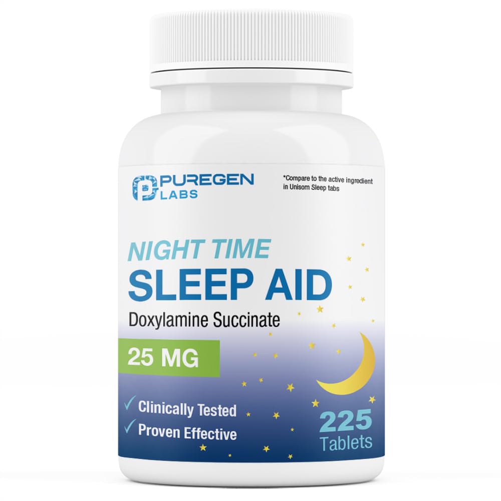 Puregen Labs Doxylamine Succinate 25mg | Nighttime Sleep Aid | Säker och effektiv | Icke-Habit Forming Sleep Aid | Tillverkad i USA | 225 tabletter