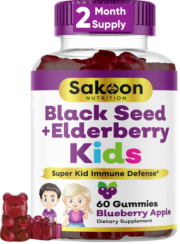 Sakoon ravitsemus Elderberry & Black Seed Oil Gummies for Kids, Immunosupport, kanssa C-vitamiinia ja sinkkiä, herkullinen marja maku, 60 Gummy