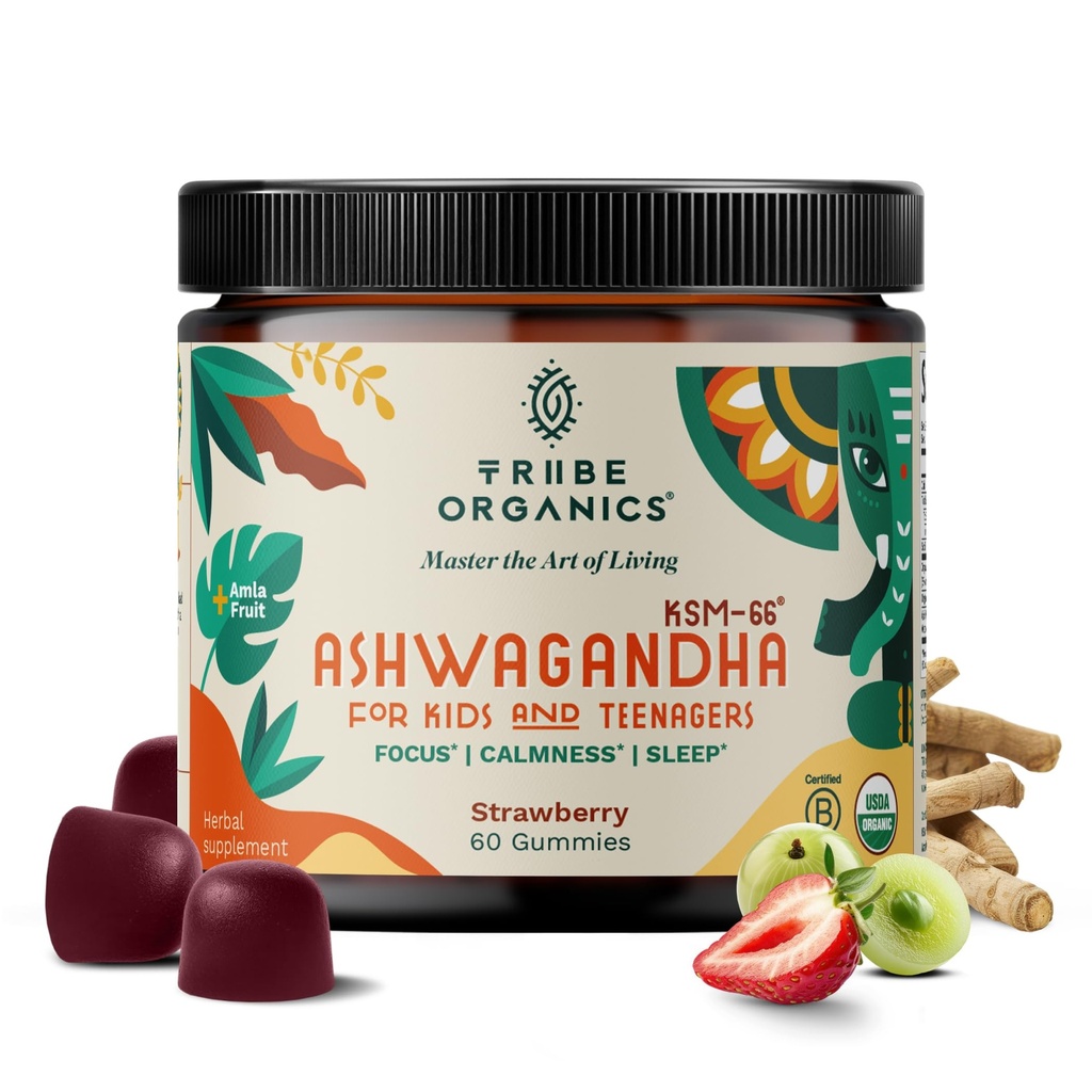 Ashwagandha KSM-66 Gummies for Kids & Teens - Pure Organic Root Extract Ayurvedic Supplement Gummy - Focus Mood Tuki Lisätä energiaa vahvuus 600 mg luonnollinen KSM66 Superior Imeytyminen