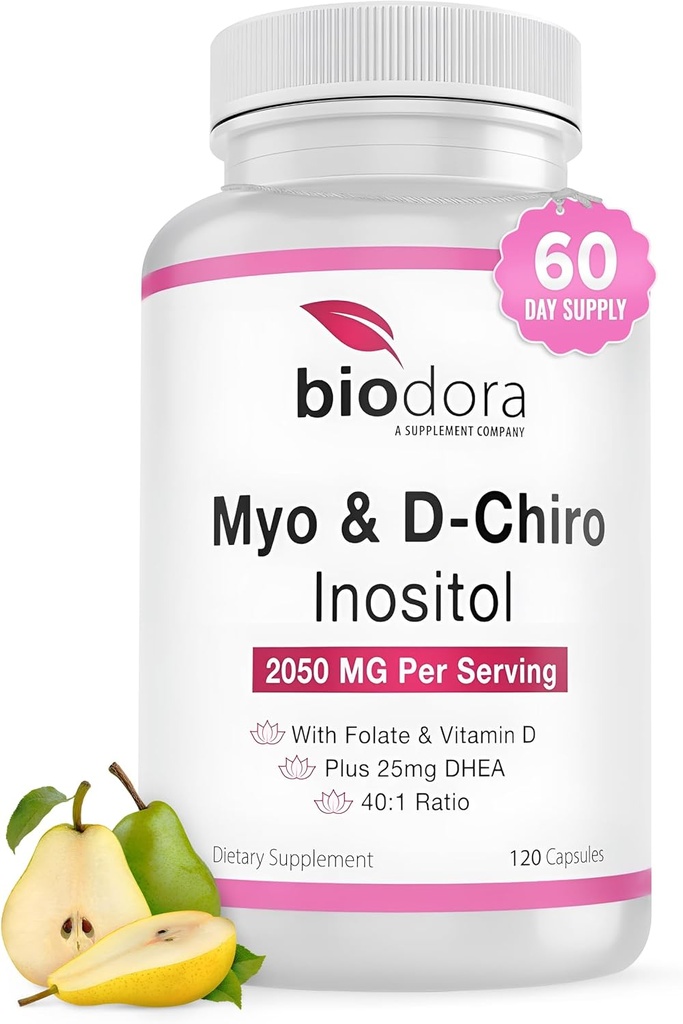 Myo & D-Chiro Inositol Supplement, med folat och vitamin D, 40 till 1 Ratio, Inkluderar DHEA, Hjälper i hormonbalans, äggstocksfunktion, 2050mg per portion, 120 kapslar