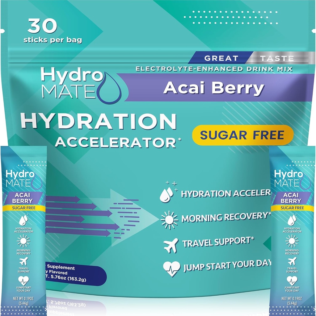 Elektrolyyttijauhe Sokeriton nesteytyspakkaus Acai Berry HydroMATE 30 Sticks