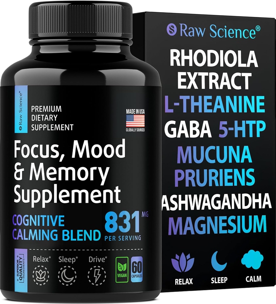 Aivolisäkkeet muistia ja keskittyä - Ashwagandha, L Theanine, Rhodiola Extract, GABA, 5HTP - Nootrooppinen, Mielialatuki & Cortisol täydentää - Magnesiumoksidi, Mucuna Priuriens - 60 kapselia