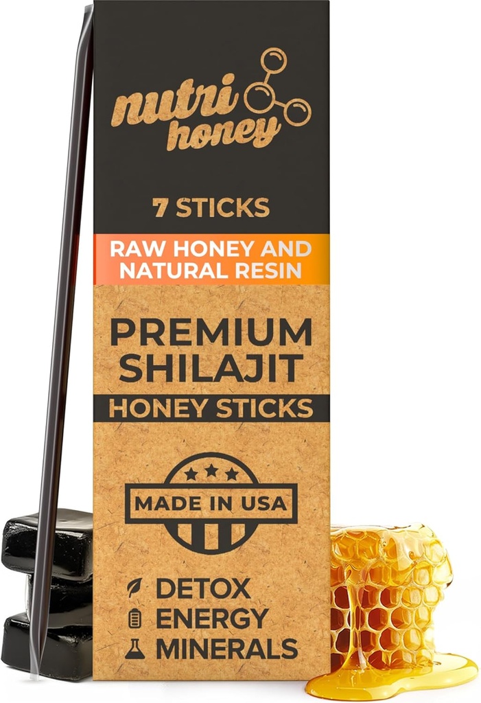 NATURAL SHILAJIT Honey Sticks - Shilajit Hartsi raakahunaja, Fulvic Acid & Trace Minerals, Plant Based Ravintries for Energy, Immuno Support & Vitality - 7 Shilajit Sticks
