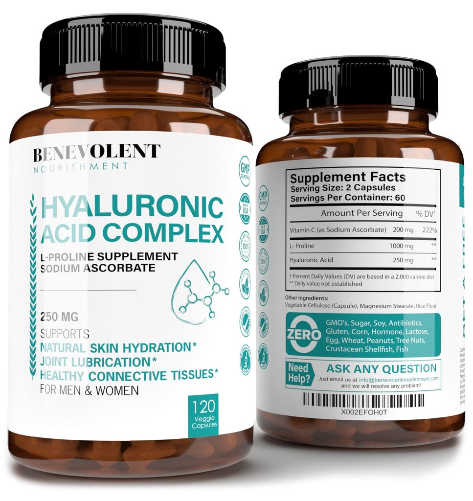 Hyaluronihappolisät 250 mg ja 200 mg C-vitamiini, 1000 mg L-proliini ja anti-aging edut, hyaluronihappo kapselit nuoren ihon, nivelet & Connective Tissue Health - 120 kapselia