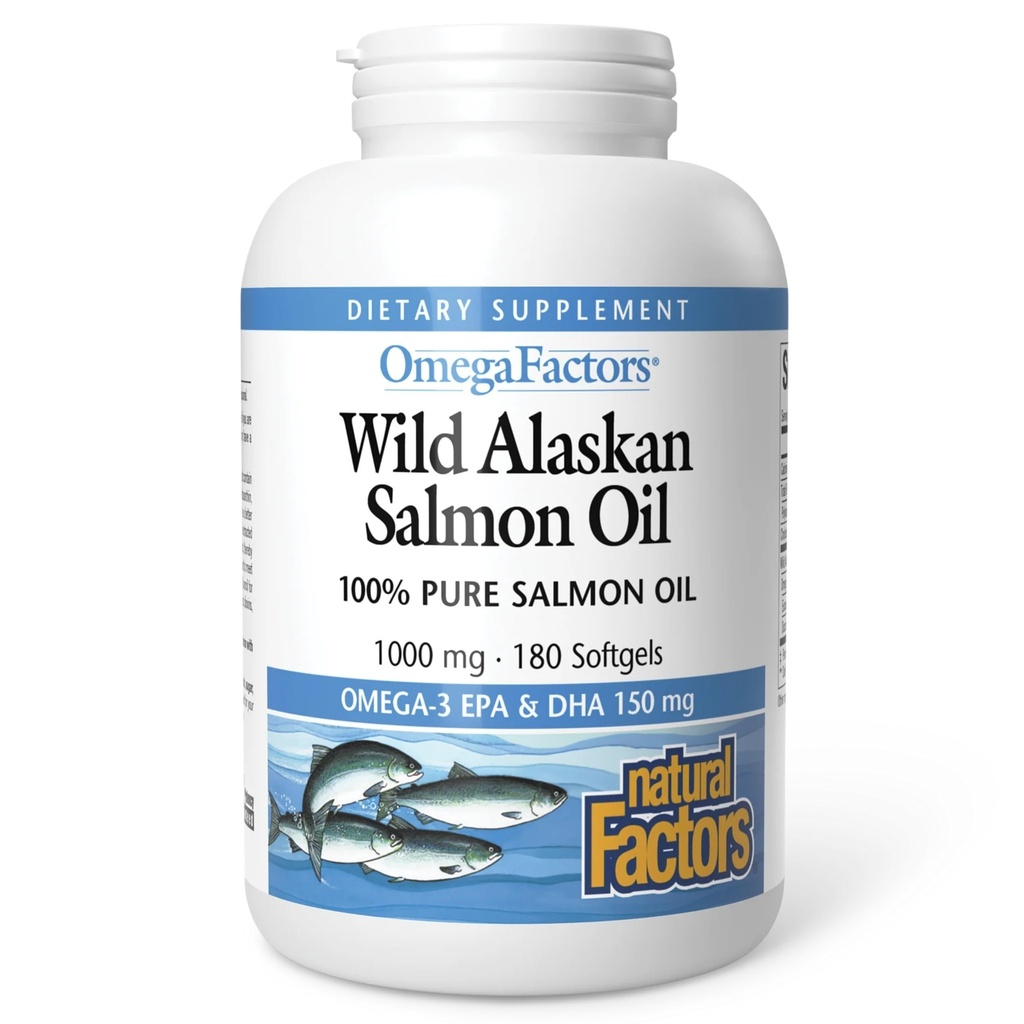Natural Factors Wild Alaskan laxolja ger Omega-3, EPA, DHA & Vitamin D, stöder hjärna och hjärthälsa, 180 Softgels