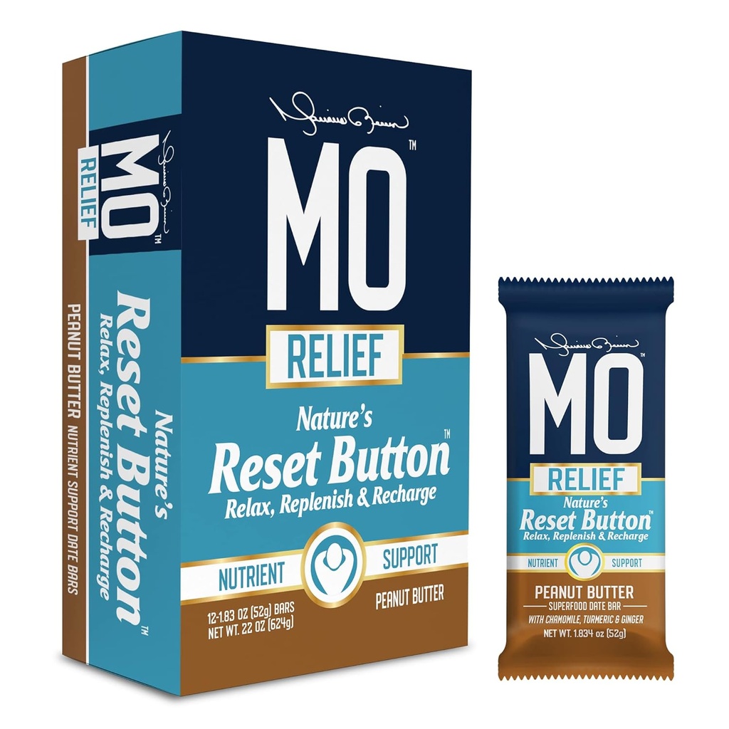 "MO RELIEF" BARS ... Kaikki luonnolliset Superfood Snack Bar - Recovery Välipalapatukat ... Kuntoilun jälkeen ravitseva tuki päivämääriä, kamomillaa, turmeria, & inkivääriä - (12 baaria laatikossa)