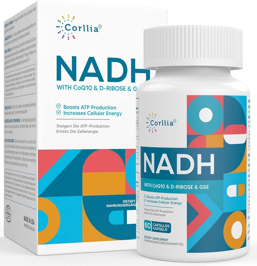 NADH + Q10 + D-Ribose Supplement, Förbättra NAD+ Tillägg för energi, trötthet, 60 kapslar