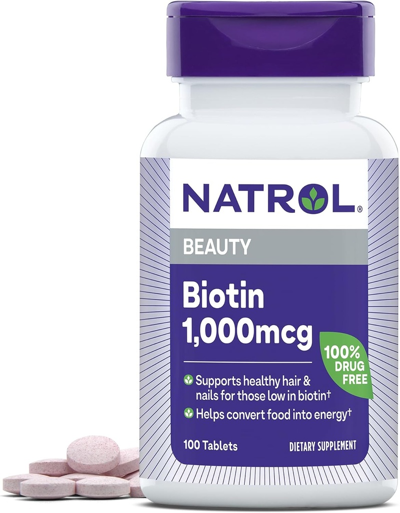 Natrol Beauty Biotin 1000mcg, ravintolisä terveille hiuksille, iholle, kynsille ja energian aineenvaihdunta, 100 tablettia, 100 päivän tarjonta (pakkaus 12)
