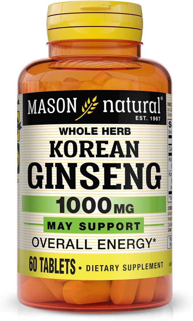 MASON NATURAL Korean Ginseng 1000 mg, tukee energiaa, kestävyyttä ja elinvoimaa, 60 tablettia