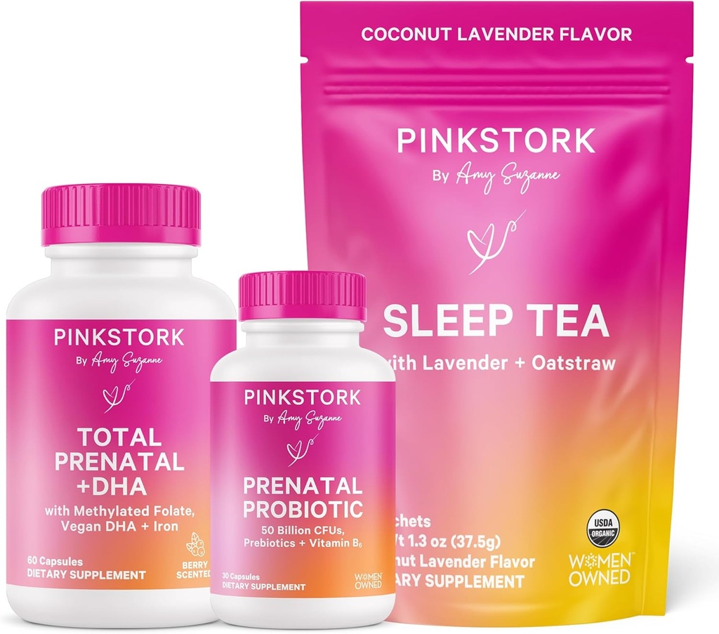 Vaaleanpunainen Stork Raskaus Bundle: Prenataalinen vitamiini DHA & Folate, Prenatal Probiootit raskaana oleville naisille, Melatoniinivapaa uni tee, Raskaus on jokaisen Trimester, Set of 3