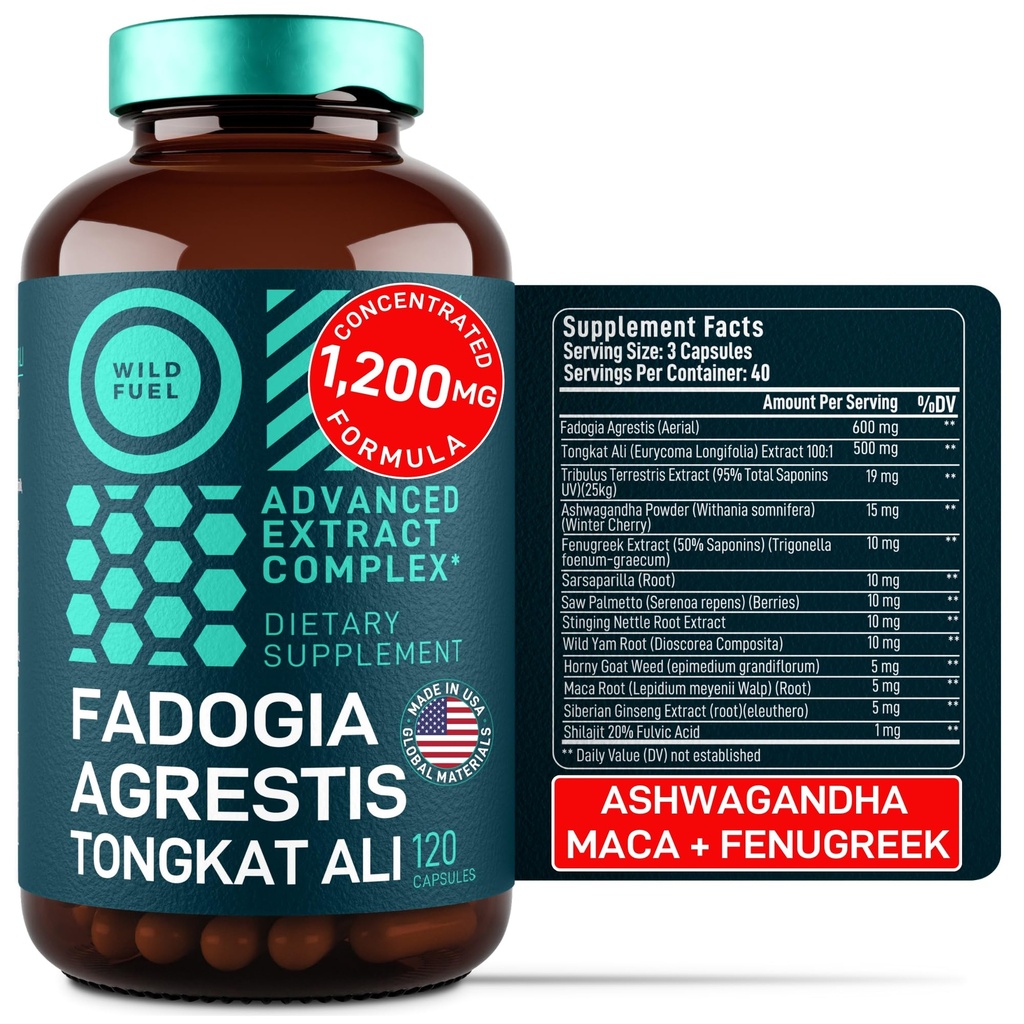 Fadogia Agrestis ja Tongkat Ali Supplement - 600mg Fadogia Agrestis miehille, 500mg Longjack Tongkat Ali, Ashwagandha Maca Fenugreek Complex - Lihasvoima, energia, Mielialatuki - 120 kapselia