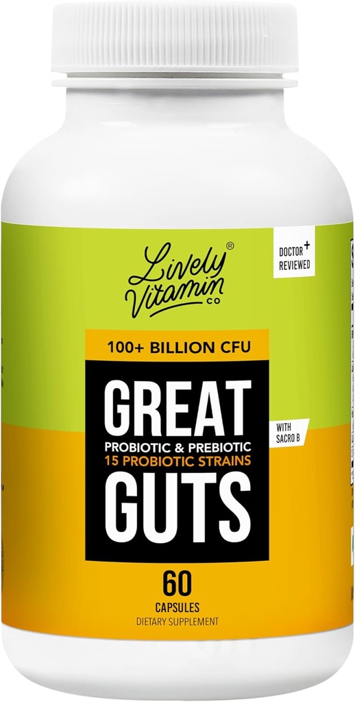 LIVELY VITAMIN CO. Great Guts Probiootti - 100 miljardia PMY Probiootti - Balance Gut Microbiome, GI Tract, tulehdus, ruoansulatushäiriöt, refluksi, vatsavaivat, & ripuli - 60 Caps