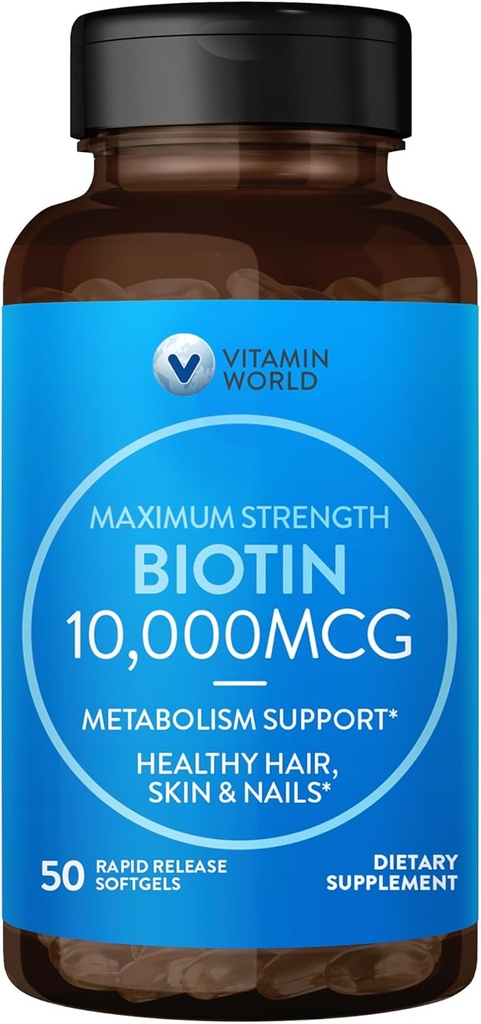 Vitamiini World Ultra Mega Biotin 10,000 mikrog. 50 Softgels, B-vitamiini, tukee terveet hiukset, iho ja kynnet, nopeasti vapauttava, Gluteeniton