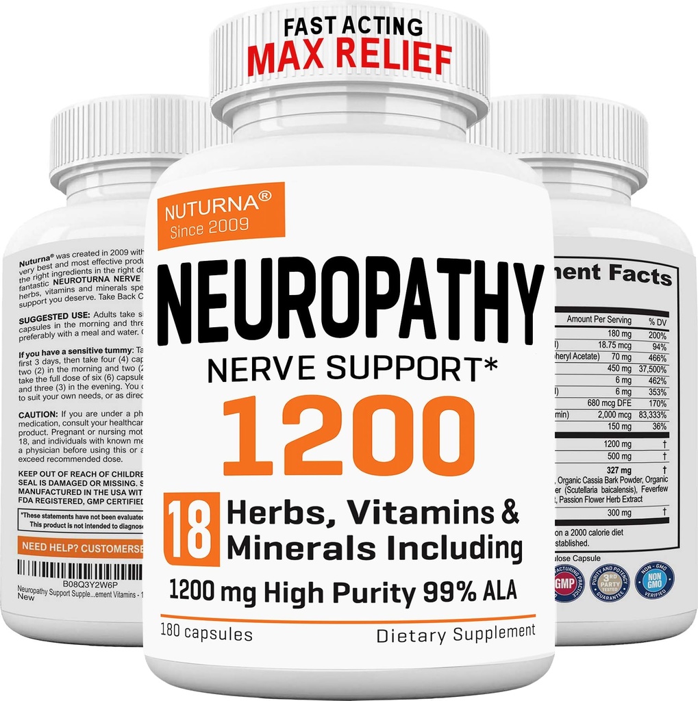 Neuropati Support Supplement med 1200 mg HP-99 Alpha Lipoic Acid - Max Styrka ALA Nerve Formel för fötterna händer fingrar Legs - Ultra Potent 18 i 1 Naturlig Perifer Nerve Vitaminer - 180 kapslar