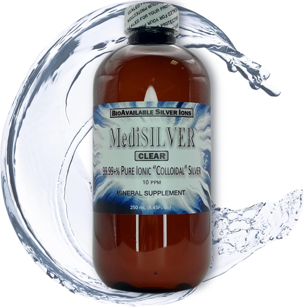 MediSILVER Clear True Free Ionic Kolloidinen Silver Dietary Supplement - 250 ml (8,45 Fl Oz) BPA-vapaa Amber muovipullo