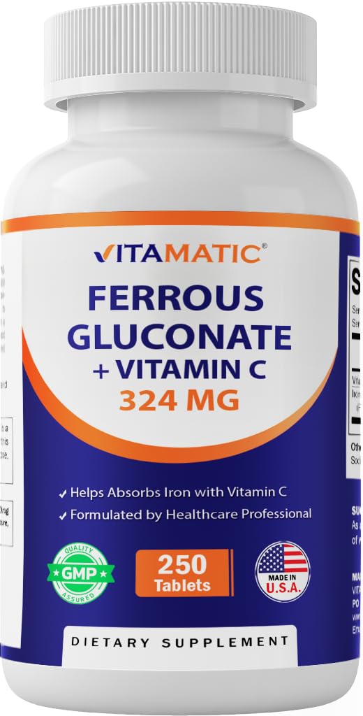 Vitamatic Ferrous Gluconate 324 mg + C-vitamiini 100 mg - Ei keinotekoisia väri lisäaineita - Hellävarainen vatsa - 250 päällystettyä tablettia - valmistettu USA