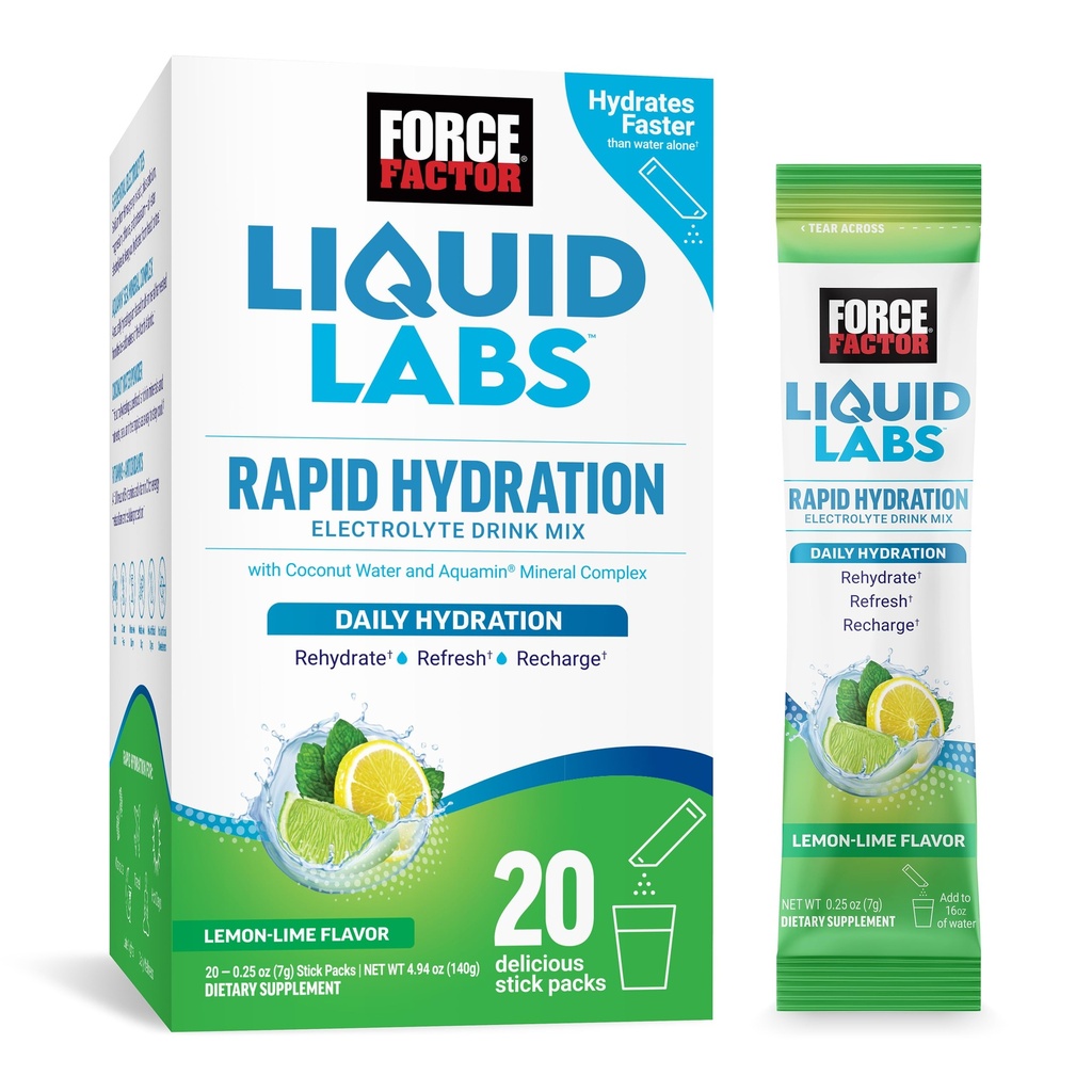 FORCE FACTOR Liquid Labs Elektrolyyttejä Powder Packets. Lemon Lime...Hydration Packets to make Elektrolyytti vettä 5 Essential Elektrolyyttejä, Vitamiinit, Minerals ja antioksidantit, 20 Stick Packs