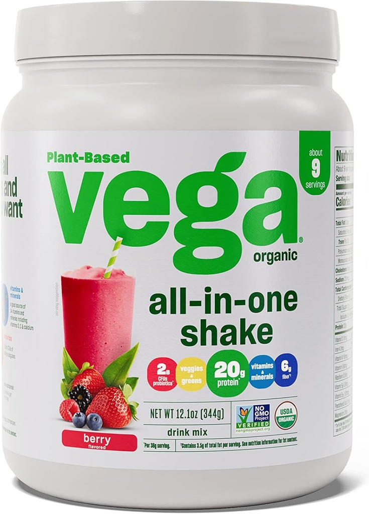Vega Organic All-in-One Vegan Protein Powder, Berry - Superfood Ingredients, Vitamiinit immuniteetin tuki, Keto Friendly, Pea Protein for Women & Men, 12,1 oz (Pakkaus May Vary)