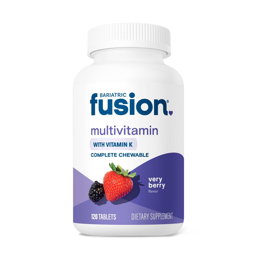 Bariatric Fusion Erittäin marja Täydellinen pureskeltava Bariatric Multivitamiini, jossa on rautaa ja K-vitamiinia bariatrista leikkausta sairastaville potilaille, mukaan lukien mahalaukun ohitusleikkaus ja hihanpohjan gastrektomia - 120 tablettia