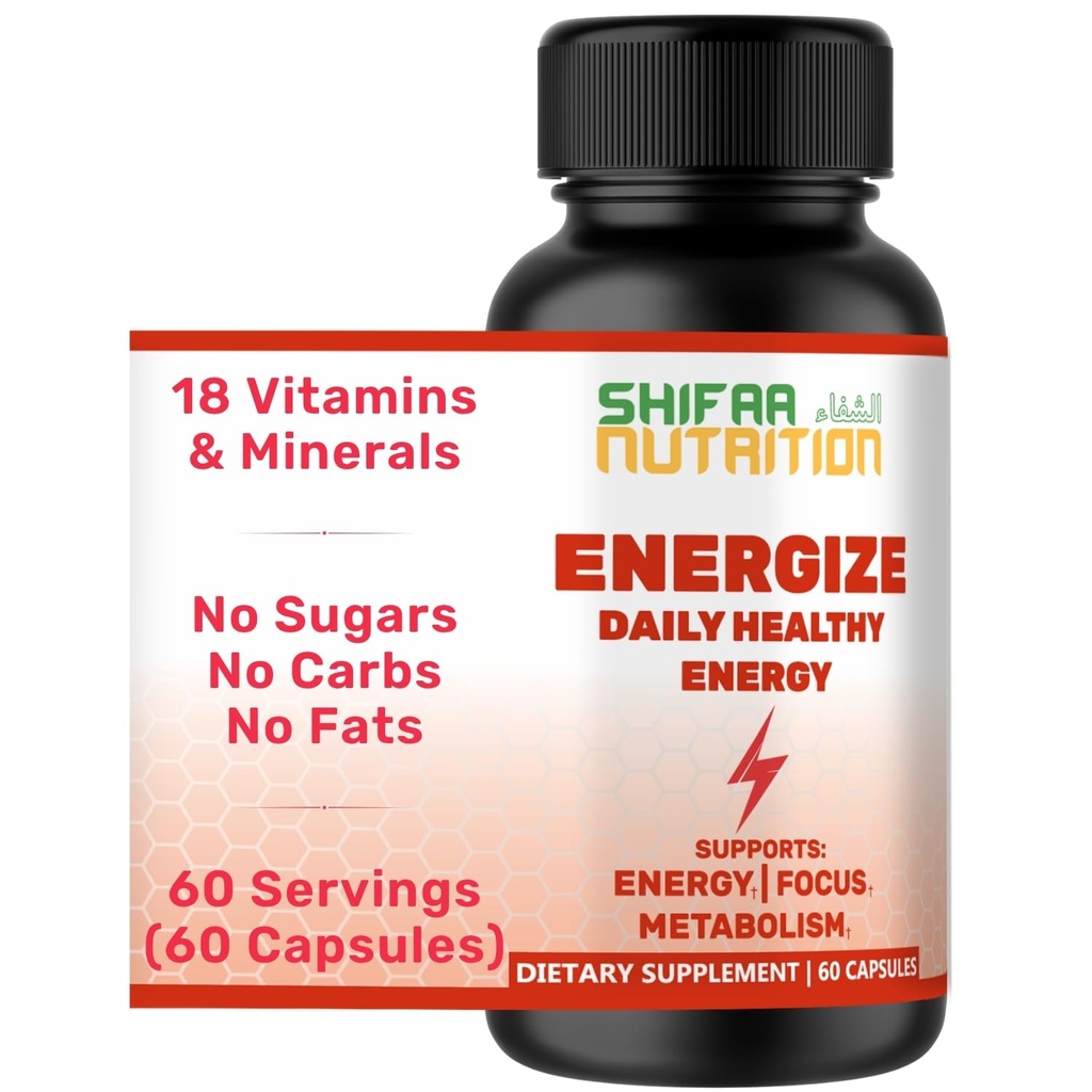 SHIFAA NUTRITION Energize, Natural Daily Energy Vitamiineja ... Jitter-free, 60 Tarjoilua... Kannattaa Focus, mieliala, aivot, aineenvaihdunta W/kofeiini & Tauriini, B1, B2, B5, B6, B7, B9, B12 Halal Vitamiineja