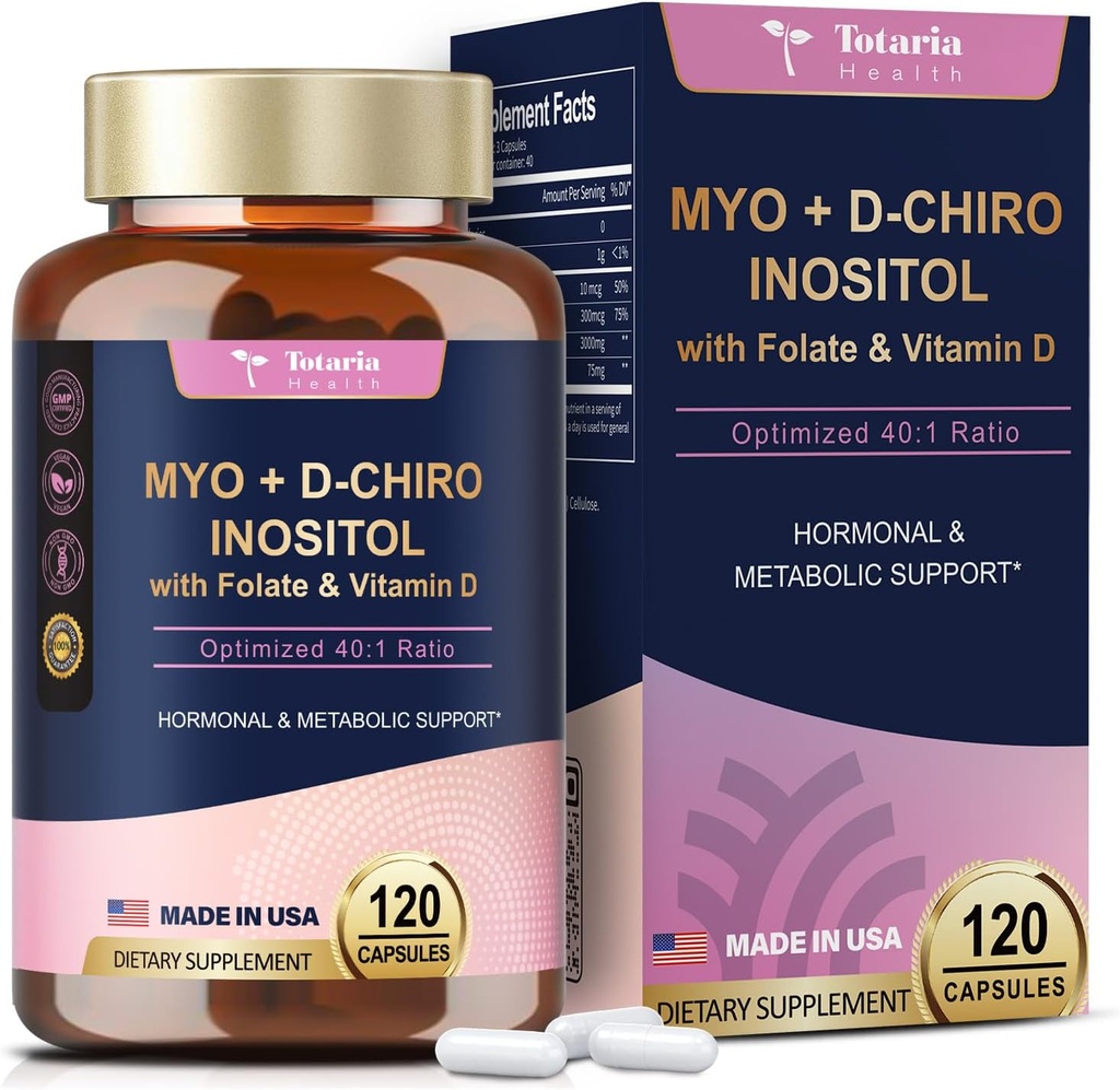 Totaria Inositoli täydennysosa naisille D3-vitamiini, Folaatti, 40:1 Ratio Myo-Inositol 3000 mg & D-Chiro Inositol 75 mg Complex, B8-vitamiini Inositoli täydennysosa naisten hiukset, kynsien, ihon terveys