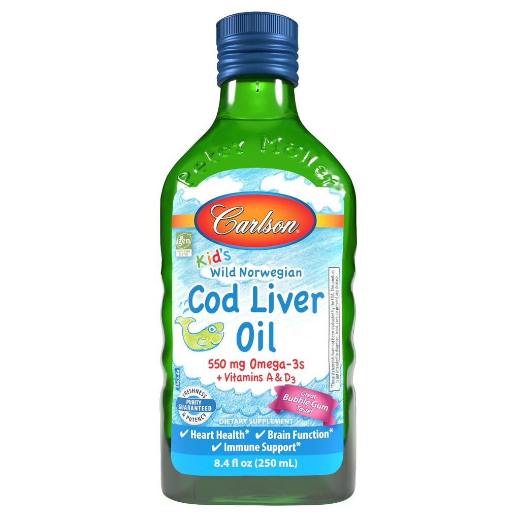 Carlson - Kid's Cod Liver Oil, 550 mg Omega-3s, A-vitamiinit & D3, Wild Norwegian, Bubble Gum, 250 ml