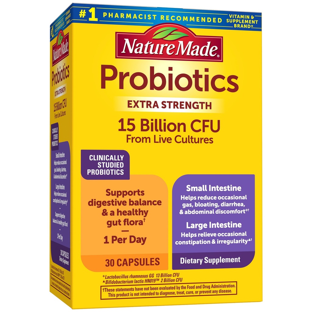 Nature Made Probiotics for Digestive Health Extra Strength 15 Billion CFU från Live Cultures, Probiotics for Women and Men, 30 Probiotic Capsules, 30 Day Supply
