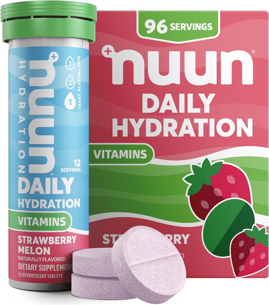 Nuun-vitamiinit Elektrolyyttitabletit, joissa on D-, C-, E-, A- ja B6-vitamiinia, foolihappoa, magnesiumia ja 4 muuta Essentielliä elektrolyytiä, gluteeniton ja vegaaninen, mansikkamelonia, 8 pakkausta (96 annosta yhteensä)